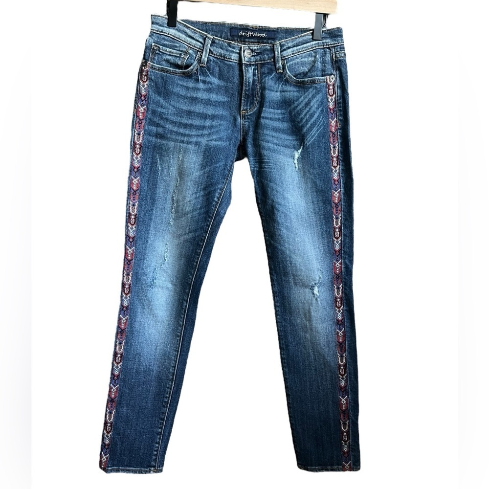 Driftwood Jackie Aztec Embroidered Distressed Skinny Jeans Size 27